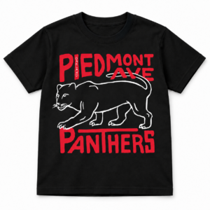 Black kids’ T-shirt with red Piedmont Ave Panthers lettering and a white outlined panther, shown flat on a white background.